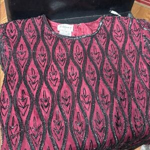 Vintage, Stenay, Burgundy and Black Beaded, silk, s/s, Cocktail blouse. Lg